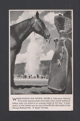 vtg B & W postcard Old Faithful Geyser Yellowstone w/ cowboy & horse RR adv rj