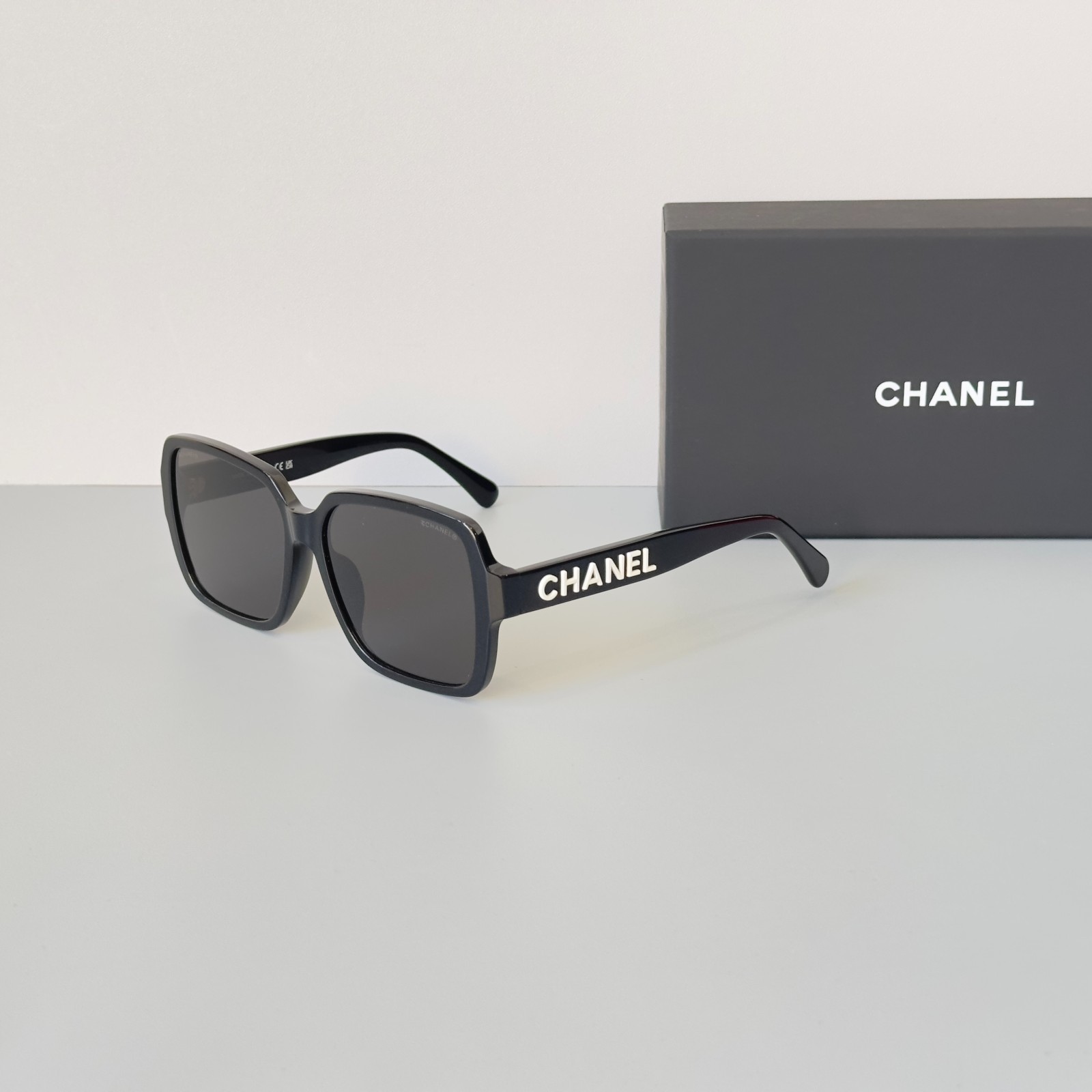 CHANEL 5408 Black Gray Lens Square Logo Sunglasses New w/ Box