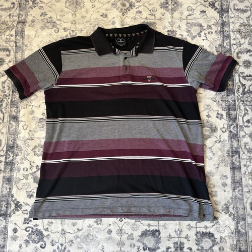 Guinness Mens Polo Shirt Large Burgundy Grey Black Striped Short Sleeve Cotton