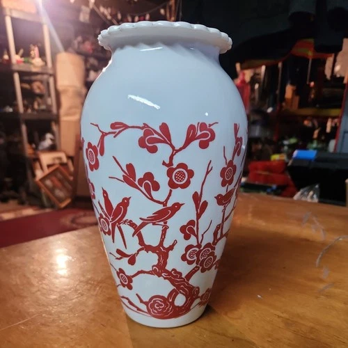 VINTAGE ANCHOR HOCKING WHITE MILK GLASS 9” VASE RED DESIGN BIRDS CHERRY BLOSSOMS