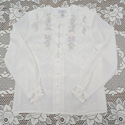 Kathy Che Ivory White Sheer Chiffon Blouse 12 Button Up Top Embroidered Coquette
