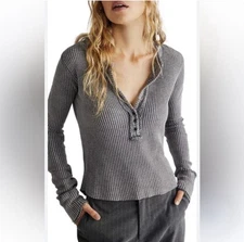 Free People Colt Thermal Henley Gray Long Sleeve Top Size Small