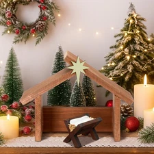 2 Pcs Small Christmas Nativity Stable Manger Decorations 9.25 x 7.08 Inch Woo...