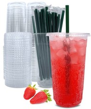 32 oz Clear Plastic Cups with Lids and Straws, Disposable Coffee Cups 25 Sets