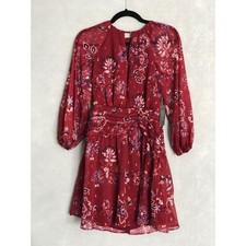 Vince Camuto Floral Dress Women's Size 0 Puff Sleeve Chiffon  Burgundy NEW