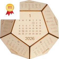 2026 Desk Calendar Wood Dodecahedron, DnD Gifts for Men, Funny Office Natural 