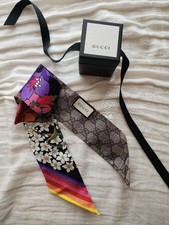 GUCCI Floral GG Logo Mini Silk Scarf Purple Multi Used