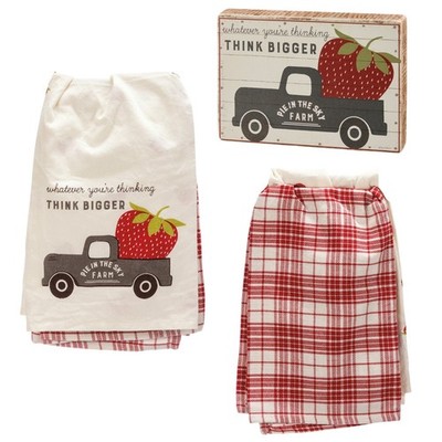 Farmhouse Strawberry Kitchen Gift Set 2 Towels & Wood Sign Rustic Country Decor