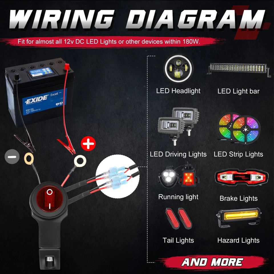 2 Lead Motorcycle LED Light Wiring Harness Kit for Harley Honda w/Switch & Relay Foto 4 de 4