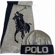 POLO RALPH LAUREN Wool Blend Navy Grey Scarf Beanie Hat Gift Set GENUINE ~  BNWT