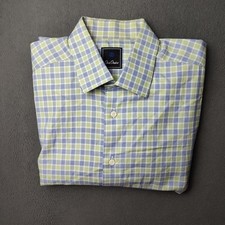 David Donahue Shirt Mens 17 32/33 Green Blue Plaid Long Sleeve Button Front