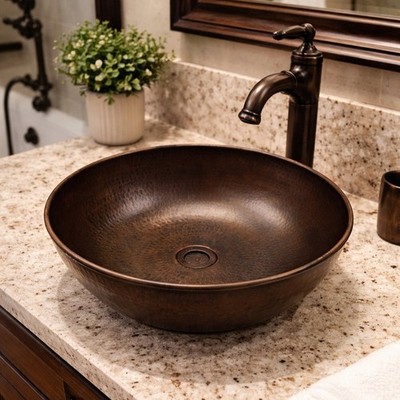16in Round Handmade Hand Hammered Copper Bathroom Vessel Sink 40cm, Kitchen Sink