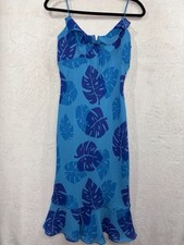 Vintage Express Y2K Tropical Palm Leaf Print Bias Cut Flutter Slip Dress 7/8 Zip