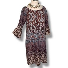 Dressbarn Dress Womens 10 Earth Tone Paisley Knit Pullover 3/4 Bell Sleeve Boho