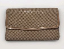 Vintage 40s Painted Metal Mesh Shoulder Bag / Clutch Taupe Color Gold Accents