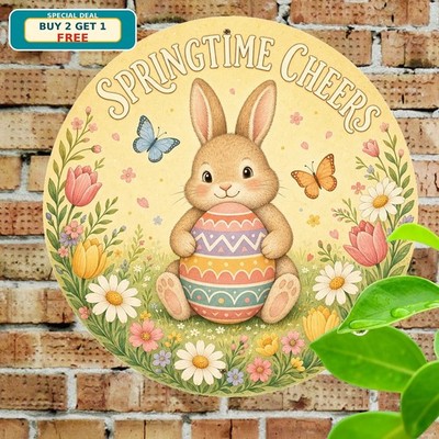 Easter Bunny Painting Egg Flower Blossom Spring Holiday Round Metal Sign 8x8