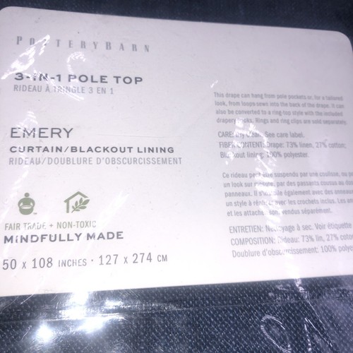 Pottery Barn 3in1 Pole Top Emery Curtain Blackout Lining 50"x108" Midnight Denim - Picture 2 of 5