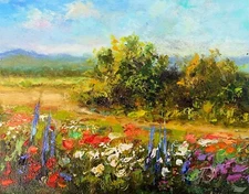 Rustic landscape Original Oil painting Field with trees Country Road 4x5 nature