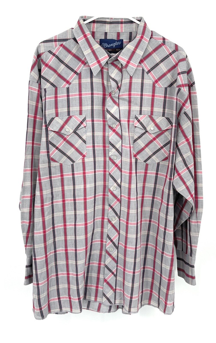 Vintage Wrangler Sz 19-37 Pearl Snap Shirt Long Tails USA Plaid