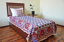 Silk Hand Embroidered Suzani Blanket Bed Spread Sofa Cover Wall Hanging Blue Red