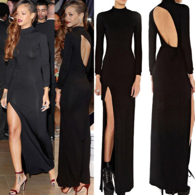 Celebrity Style Women Long Sleeve Backless Jersey Side Split Long Maxi