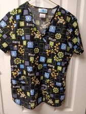 SB Scrubs Top, Black With Green, Blue, More, 100% Cotton, Size XS - EUC