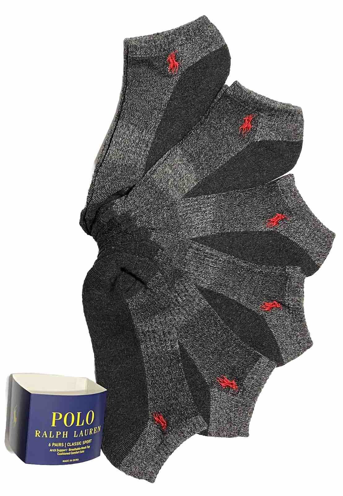 PONY Polo Ralph Lauren Athletic 6 paia calze uomo taglio basso grigio con frangia rossa