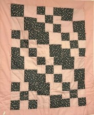 New Handmade Patchwork Quilt Pink Rose color, Green, Hand Tie 40x50 Inches