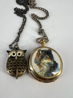 Westminster Pocket Watch Dog Wolf Silver Tone And Owl Wings Tested Working