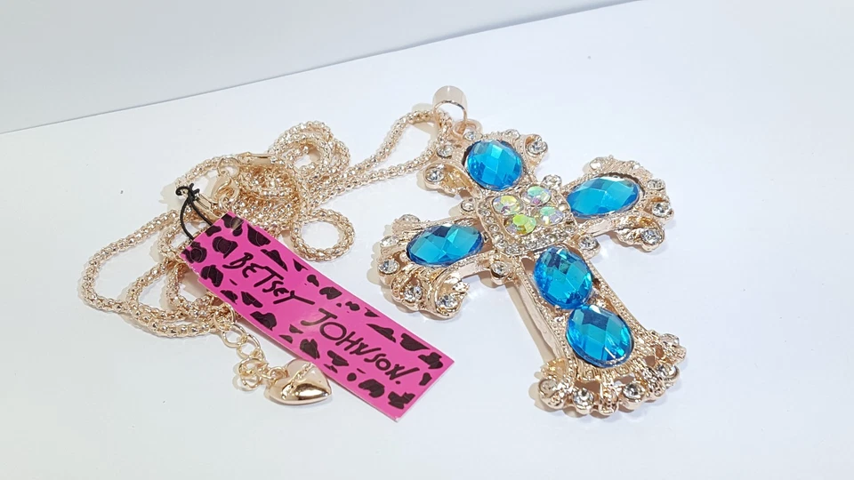 BETSEY JOHNSON РОЗОВОЕ ЗОЛОТО ПОКРЫТИЕМ СИНИЙ СТРАЗЫ И КРИСТАЛЛ КЕЛЬТСКИЙ КРЕСТ ПОДВЕСКА - Изображение 3 из 4