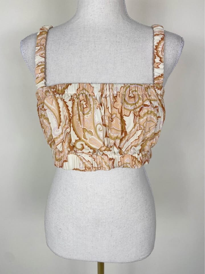 SHEIKE Crop Top Size 10 Peach Pastel Floral Paisley Print Ruched Sleeveless-image