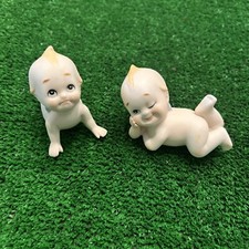 Vintage Lefton Kewpie Baby Dolls Bisque Figurines Blue Wing - Set of 2 Wink Pout