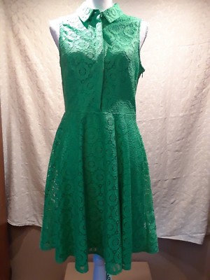 Women's Small Lime Green Lined Floral Lace Sleeveless Button Front A-Line Dress