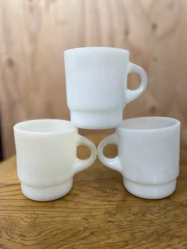 Fire King C Handle Mugs Stackable White Coffee Cup Retro Set Of 3 Made In USA