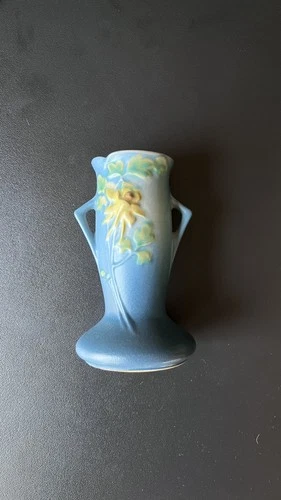 Vintage Roseville Art Pottery Vase Blue Floral 136-6 Ceramic Matte Finish