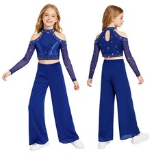 Kids Girls Dance Costume Cutout Out Back Dance Outfits Crop Top And Long Pants