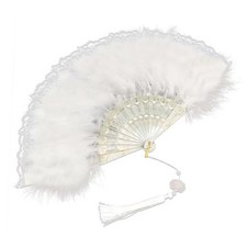 Fluffy Feather Fan Folding Handheld Lace Embroidered Flower Women Vintage White