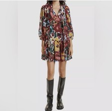 Tanya Taylor Women Rosalind Dress 2X Floral Maroon Silk Blend Peasant Boho $495