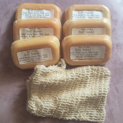 Nina's Handmade Goats Milk Soap Butt Naked 6 Bars + Soap Saver Bag