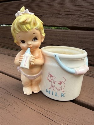 Vintage Baby Girl Milk Bucket Planter Vase Ceramic Nursery Decor Figurine