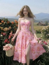 SheIn Pink Floral Midi Dress XS Sweetheart Neck Spaghetti Strap Side Slit