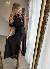 NWT_ZARA ZW COLLECTION MIDI SHIRT DRESS BELT BLACK EMBROIDERED Size M 4786/096