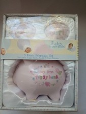 Baby Essentials 3 Piece Keepsake Set For Girl Piggy Bank, Tooth  Curl Keeper