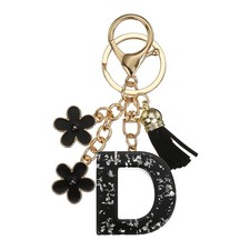 Alphabet Initial Letter Keychain Cute Charm with Tassel Flower Letter D Black 