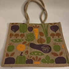 Trader Joes Jute Burlap Tote Eggplant Mushroom Vegetables 17"x13.5"x9"