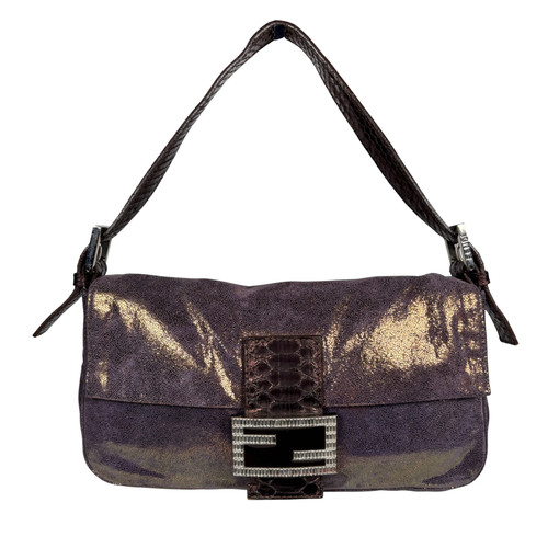 Fendi Metallic Suede Crystal Embellished Snakeskin Buckle Baguette