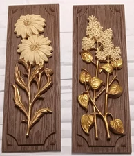 2 Vtg Syroco ? Daisy & Lilac Flower Wall Plaques Faux Wood Floral MCM