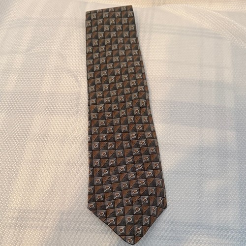 Stafford Mens Silk Necktie Brown Tan Grey Geometric Diamond Pattern Made in USA