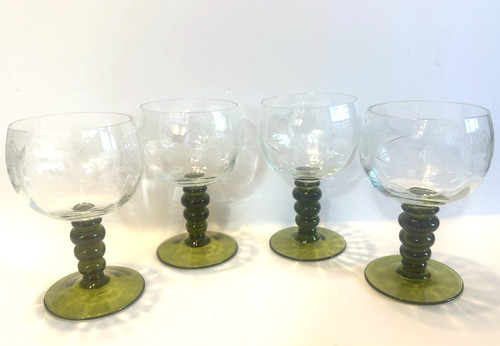 Set of 4 VTG German Roemer Wine Cordial Glasses Etched Grape Green Beehive Stem