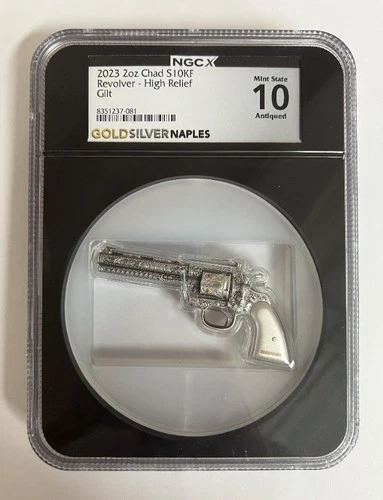 2023 Chad Revolver High Relief 2oz 999 Silver Coin NGC X Mint State 10 Antiqued 